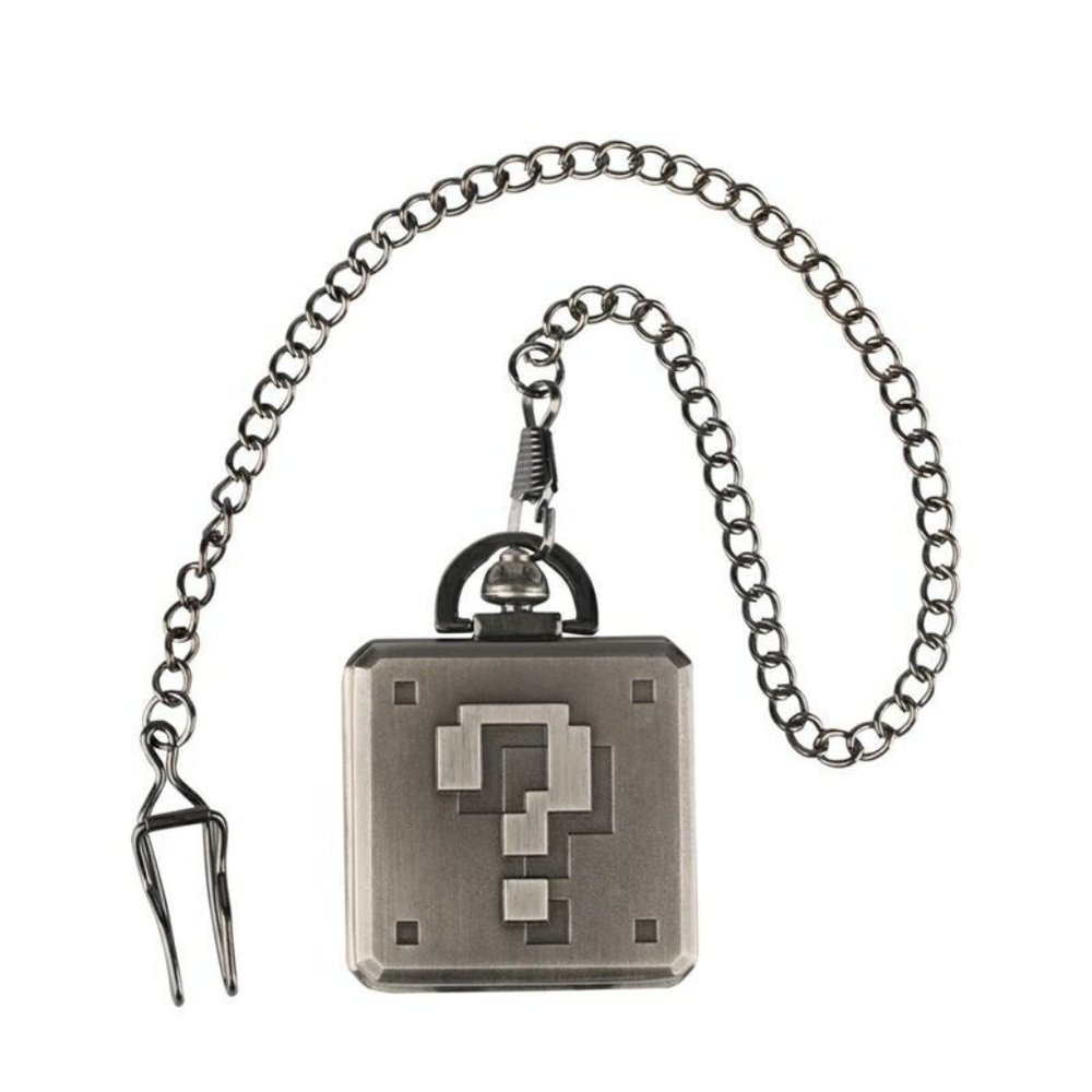 Mario Mystery Block Pocket Watch NEW Gift Nintendo Gamer Vintage Silver Classic - Picture 4 of 6